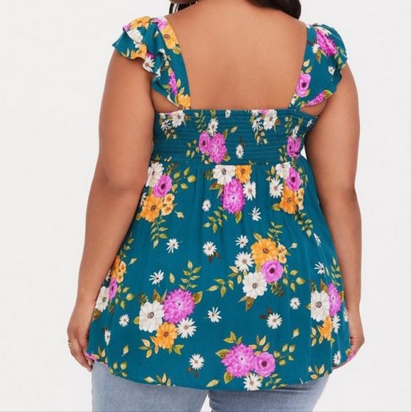 Torrid Floral Babydoll Gauze Smocked Ruffle Tank Top, Dark Teal - Picture 2 of 11